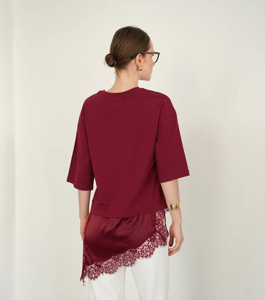 Lace Layer Tee - Burgundy