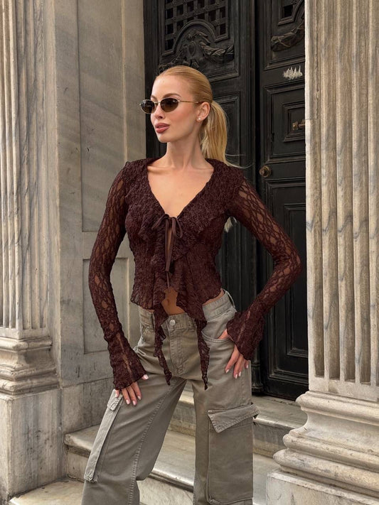 Ruffle Cardigan - Brown