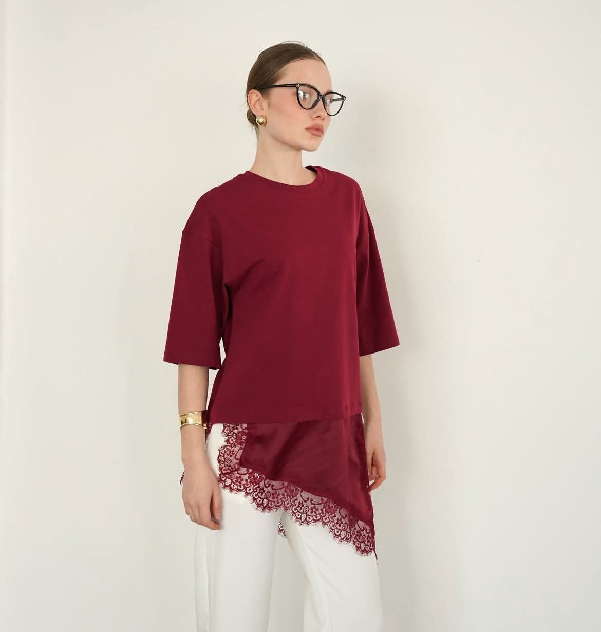 Lace Layer Tee - Burgundy