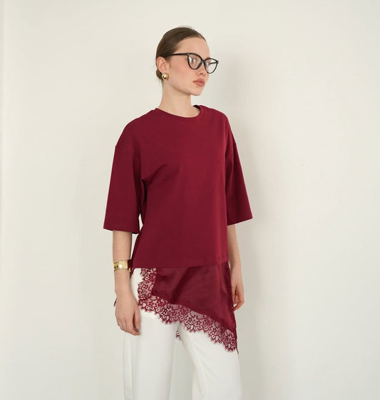 Lace Layer Tee - Burgundy