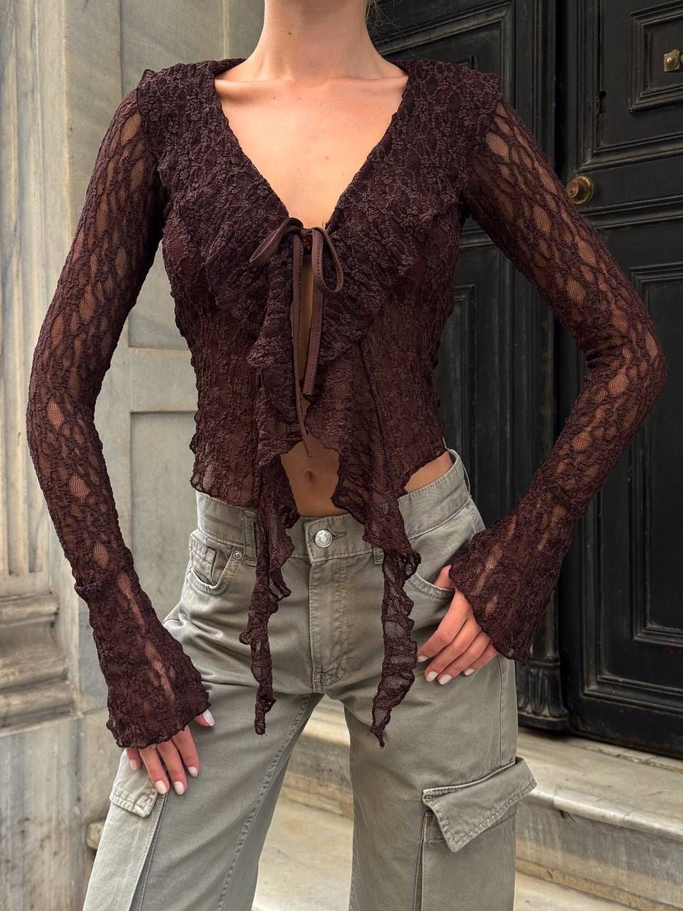 Ruffle Cardigan - Brown