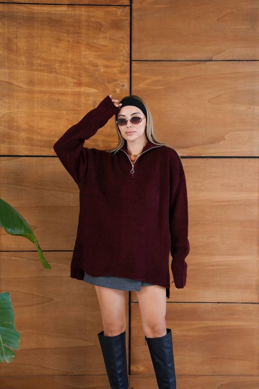 Zip up Sweater in Burgundy