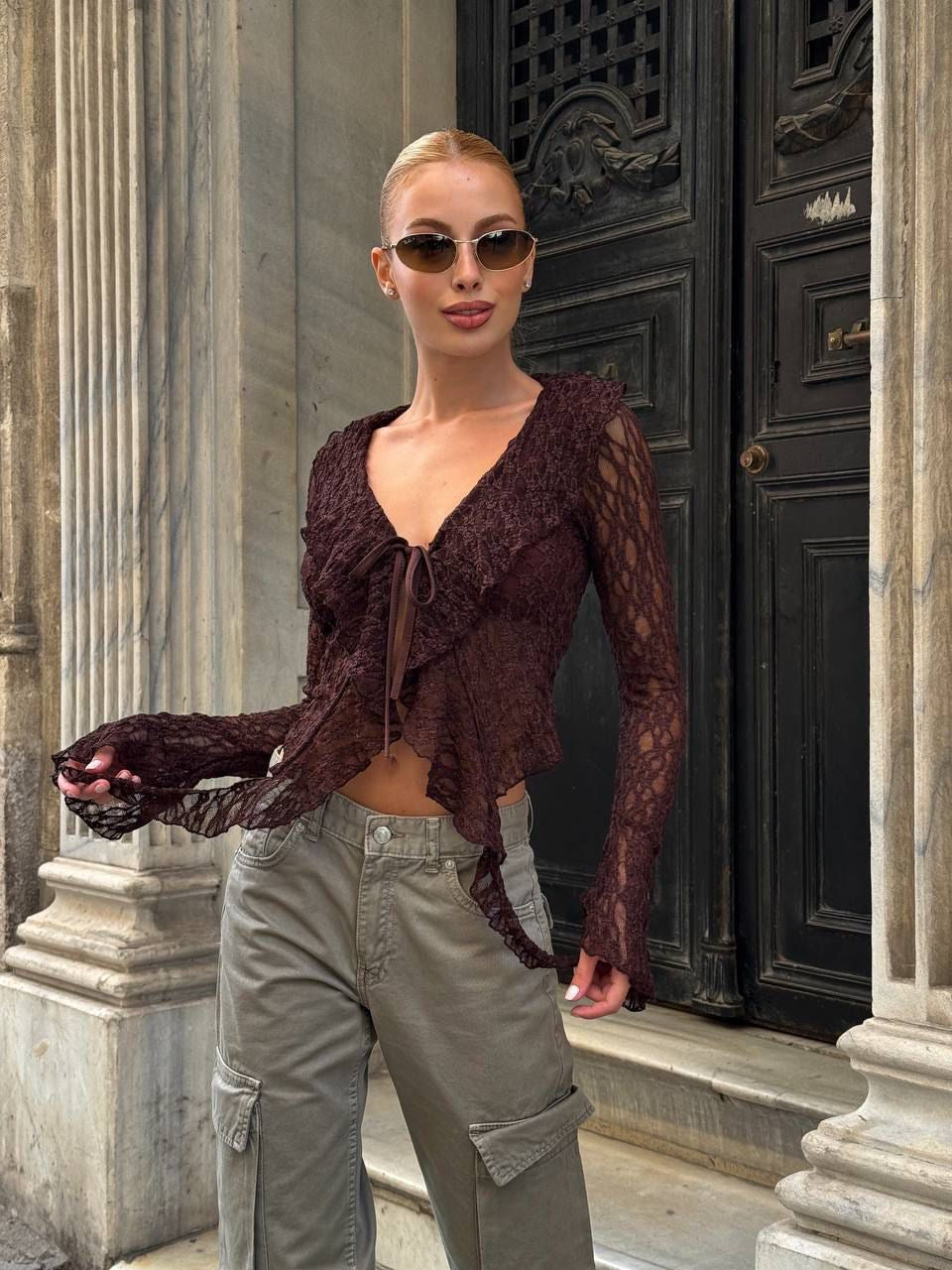 Ruffle Cardigan - Brown