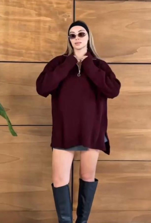 Zip up Sweater in Burgundy