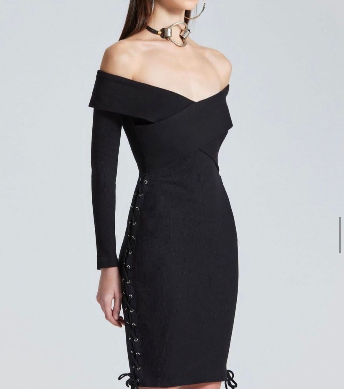 Ribbed Black Dress with Side Ribbons