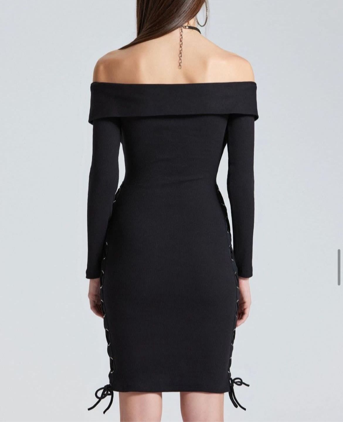 Ribbed Black Dress with Side Ribbons