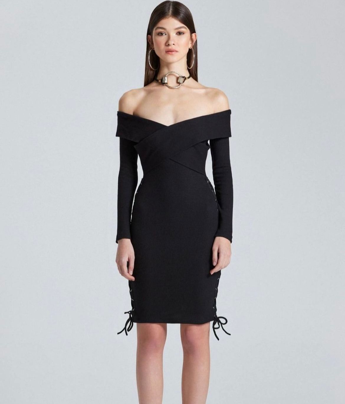 Ribbed Black Dress with Side Ribbons